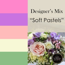 Pastel bouquet with pink rose, cream roses, and lavender blooms in a designer’s mix soft pastels graphic.