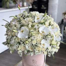 Large white rose and orchid arrangement in a pink hatbox