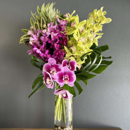 Pink and yellow orchids arranged in a tall glass vase.
