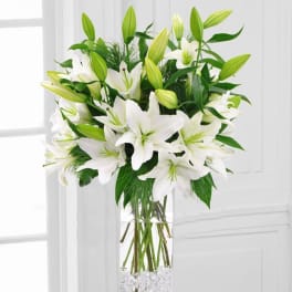 White lilies arranged in a tall clear vase with green buds