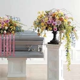 Polychromatic Casket Spray and Vase Arrangement
