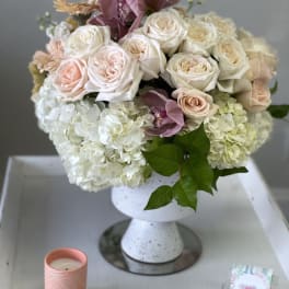 Bouquet of cream and blush roses with white hydrangeas in a white pedestal vase