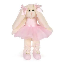 Plush bunny doll in a pink dress with bows