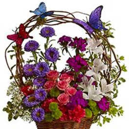 Basket of colorful flowers with butterfly decorations