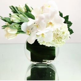 White orchids and pale tulips arranged in a clear glass vase