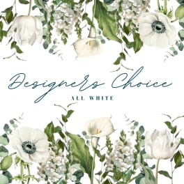White flowers and greenery frame the words "Designers Choice All White."