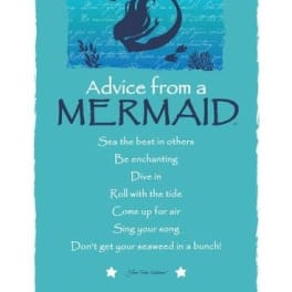 Turquoise mermaid-themed sign with advice text and undersea silhouette illustration