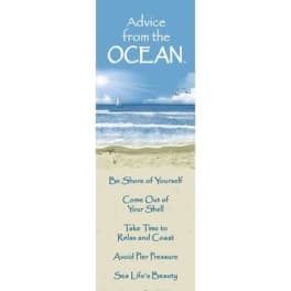 Tall ocean-themed bookmark with beach illustration and inspirational advice text.