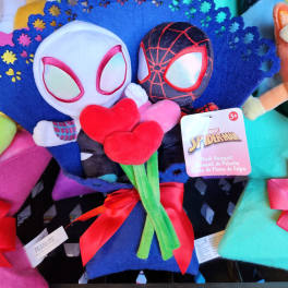 Spider-Man plush bouquet with red heart accents and a ribbon