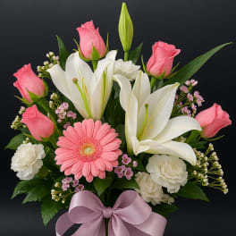 Mixed bouquet of pink roses, white lilies, carnations, and a gerbera daisy in a glass vase with a lavender bow.