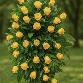 Standing spray of yellow roses with abundant glossy greenery on a metal easel