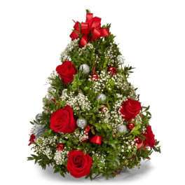 Christmas tree-shaped rose arrangement with red bows and ornaments