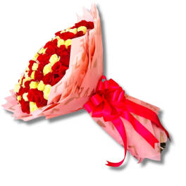 Bouquet of red and pale yellow roses wrapped in pink paper with a large red bow