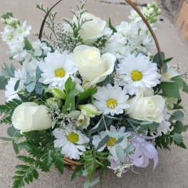 Basket arrangement of white roses and daisies with a ribbon handle