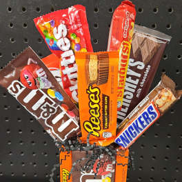 Candy bouquet made from assorted chocolate bars and candy packages
