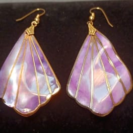 Pair of purple iridescent shell earrings with gold-tone hooks