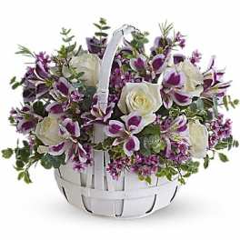 White basket of white roses and purple orchids