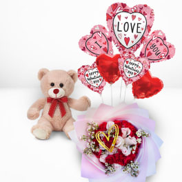 Pink Roses & Carnations, Balloon Bouquet & Teddy bear