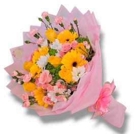 Pink and yellow mixed bouquet wrapped in pink paper