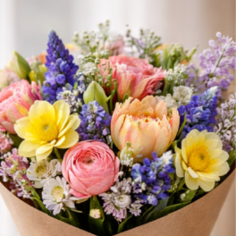 Hand-tied bouquet of pink and yellow flowers with purple accents wrapped in brown kraft paper