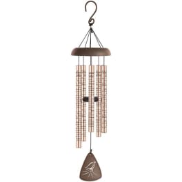 Copper wind chime with hanging tubes and a bell-shaped pendant