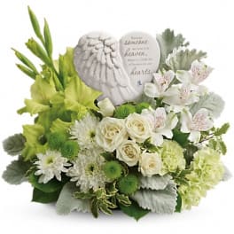 White and green sympathy bouquet with a memorial angel stone