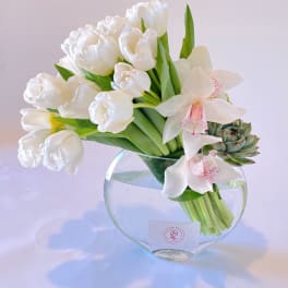 White tulips and orchids arranged in a clear glass vase with a succulent accent