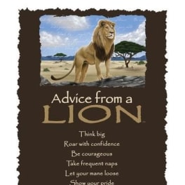 Inspirational lion-themed wall sign with a lion illustration and motivational text on a dark background.