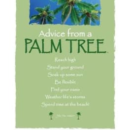 A palm tree themed greeting card with a beach scene and text.