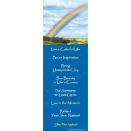 Tall blue bookmark with a rainbow over a landscape and inspirational white text.