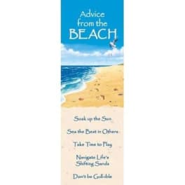 Beach-themed bookmark with ocean and sand illustration and inspirational text