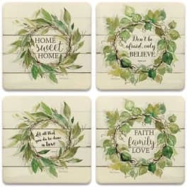 Set of four cream coasters with watercolor leaf wreaths and inspirational text