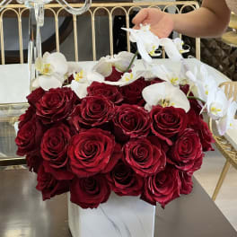 Red roses with white orchids in a white square vase