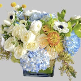 Bouquet of white and blue flowers in a square glass vase