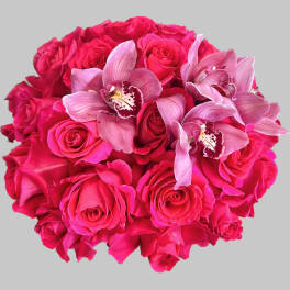 Hot pink rose bouquet with pink orchids