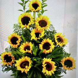 Tiered sunflower arrangement with dark centers and green foliage