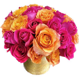 Bouquet of pink and orange roses in a gold vase