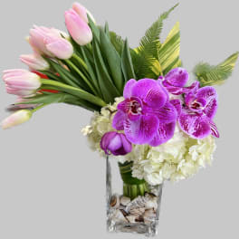 Pink tulips and purple orchids in a clear vase with white hydrangeas