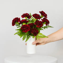Red carnations in a white vase held by a hand