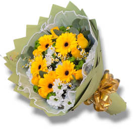 Yellow gerbera and roses bouquet with white daisies and green wrapping