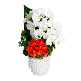 White orchids and orange tulips in a textured white vase