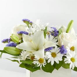 White lilies, roses, and daisies with purple accents in a white container