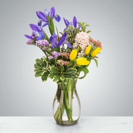 Mixed bouquet of purple irises, yellow tulips and pastel blooms in a clear glass vase