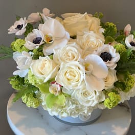 White roses and orchids arranged in a round box with green accents
