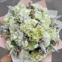 Bouquet of pale green and white hydrangeas with small filler flowers