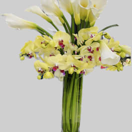 Yellow orchids and white calla lilies in a tall glass vase