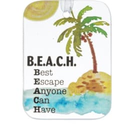 Rectangular beach-themed hanging tag with palm tree and B.E.A.C.H. quote