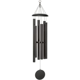 Black metal wind chime with hanging tubes and a round striker