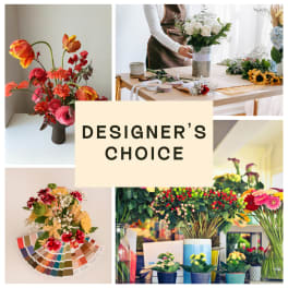 Collage of colorful flower arrangements with a central "Designer’s Choice" sign