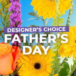 Father's Day floral graphic with sunflowers and an orange rose